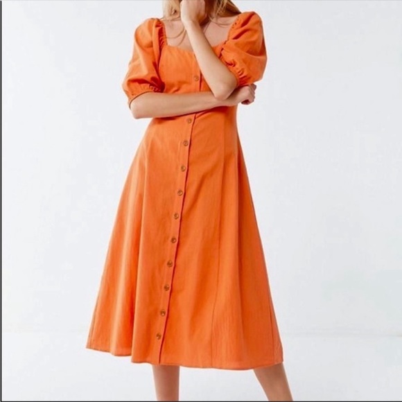 Urban Outfitters Dresses Nwt Urban Outfitters Orange Midi Dress Puffy Sleeves L Poshmark